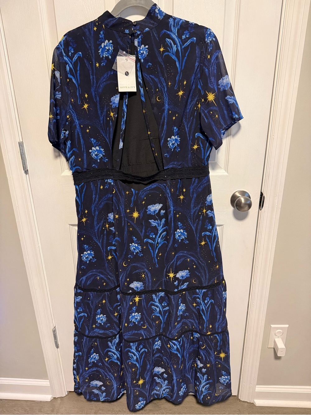 Floral Star-Print Navy Blue Tiered Midi Dress